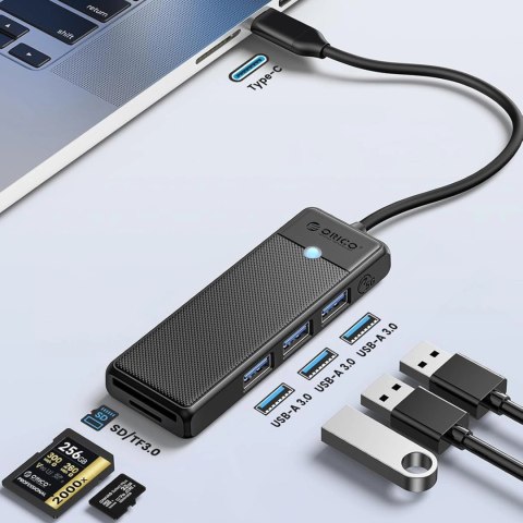 Hub USB Orico PAPW3AT-C3 4-portowy 3x USB-A 3.0 z czytnikiem kart microSD/SD 1 m - czarny