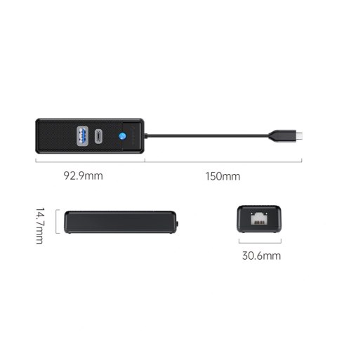 Hub USB Orico PWCUR-C3 3-portowy 1x USB-A 3.0 1x USB-C 3.0 1x RJ45 Gigabit Ethernet 0,15 m - czarny
