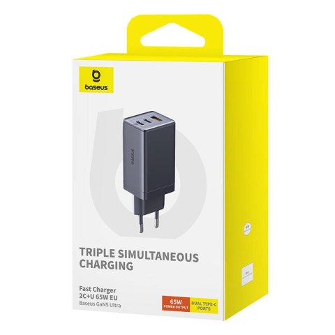Ładowarka sieciowa Baseus GaN5, 2x USB-C + USB, 65W + kabel 1m (szara)