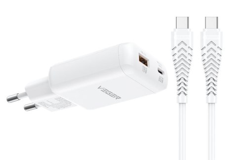 Ładowarka sieciowa do telefonu VEGER USB A + Typ C PD 65W + kabel Typ C do C 100W TR122 biała