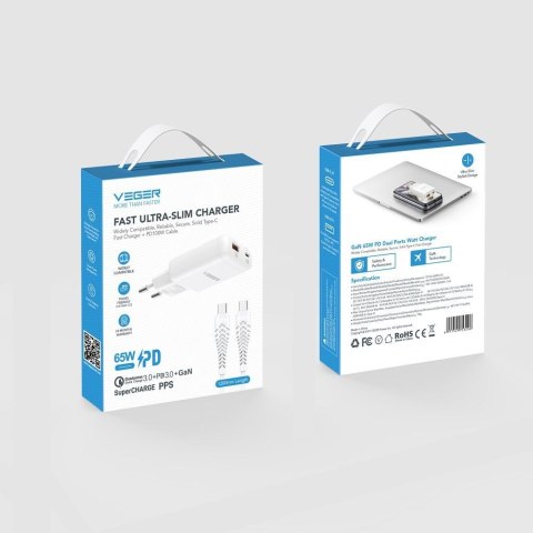 Ładowarka sieciowa do telefonu VEGER USB A + Typ C PD 65W + kabel Typ C do C 100W TR122 biała