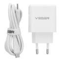 Ładowarka sieciowa do telefonu VEGER USB A + Typ C PD QC3.0 3,25A 65W + kabel USB C do USB C TR67 biała