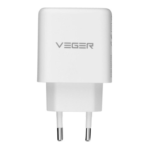 Ładowarka sieciowa do telefonu VEGER USB A + Typ C PD QC3.0 3,25A 65W + kabel USB C do USB C TR67 biała