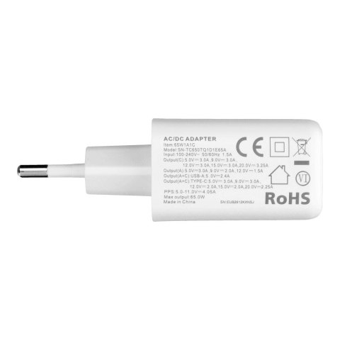 Ładowarka sieciowa do telefonu VEGER USB A + Typ C PD QC3.0 3,25A 65W + kabel USB C do USB C TR67 biała