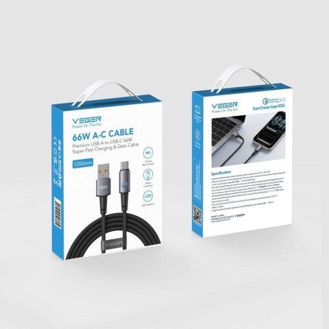 Kabel z diodą LED USB A do USB C VEGER PD 3A 66W 1,2 m AC1-ZSD czarny