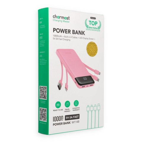Powerbank 5V 3A 10000 mAh z wbudowanymi kablami USB A / USB C / Lightning / Micro USB Charmast W1148 różowy OINT