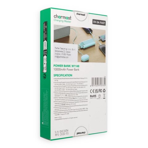 Powerbank 5V 3A 10000 mAh z wbudowanymi kablami USB A / USB C / Lightning / Micro USB Charmast W1148 zielony OINT