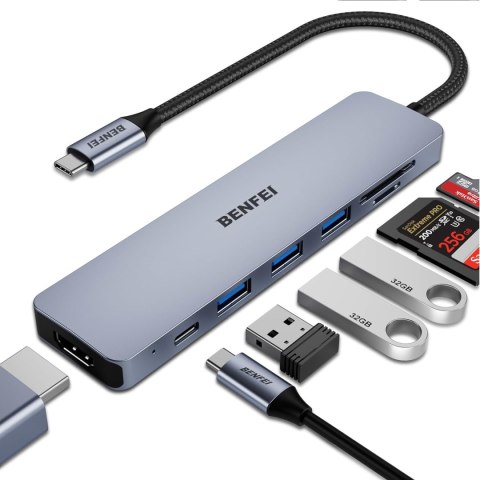 BENFEI adapter HUB 7w1 USB-C do 4K HDMI - USB-C 100W PD - 3x USB-A - SD - microSD szary