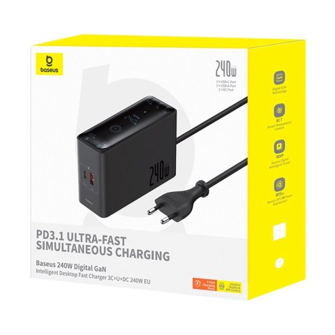 Ładowarka sieciowa Baseus Digital GaN 3xUSB-C 1xUSB-A 240W z kablem zasilającym - czarna
