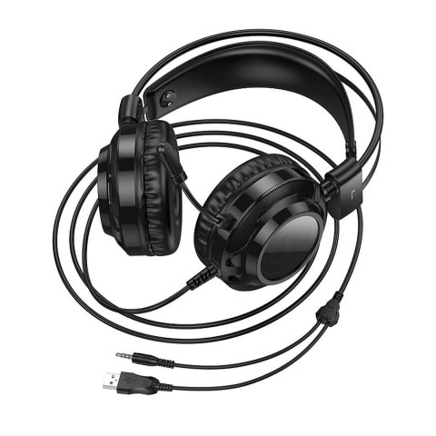 Słuchawki przewodowe nauszne Hoco gamingowe USB A + Jack 3,5 mm gamingowe 2 m W110 czarne