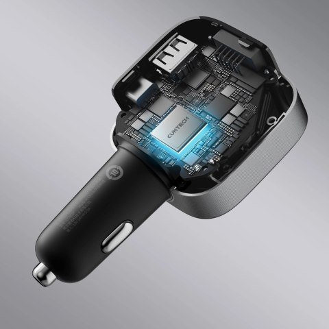 Ładowarka samochodowa Cuktech CC903P 100 W z wyświetlaczem i zwijanym kablem USB-C 70 cm - szara