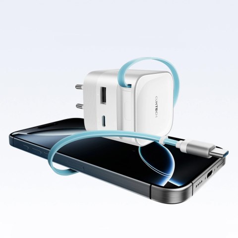 Ładowarka sieciowa Cuktech AD653W 67 W GaN 2x USB-C + USB-A ze zwijanym kablem USB-C 70 cm - biała