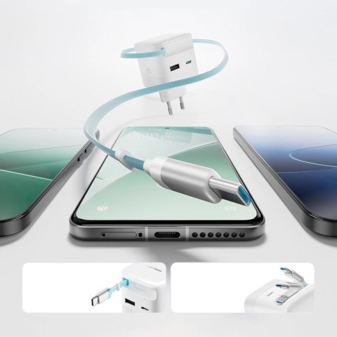 Ładowarka sieciowa Cuktech AD653W 67 W GaN 2x USB-C + USB-A ze zwijanym kablem USB-C 70 cm - biała