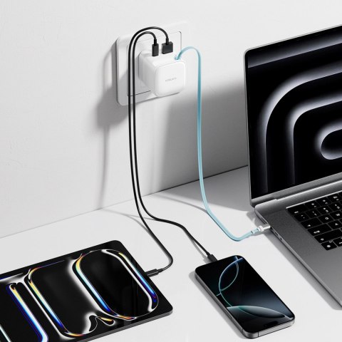 Ładowarka sieciowa Cuktech AD653W 67 W GaN 2x USB-C + USB-A ze zwijanym kablem USB-C 70 cm - biała