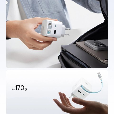 Ładowarka sieciowa Cuktech AD653W 67 W GaN 2x USB-C + USB-A ze zwijanym kablem USB-C 70 cm - biała