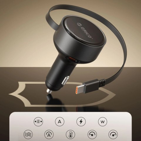Ładowarka samochodowa Orico FC-60-2C 60W ze zwijanym kablem USB-C 65 cm - czarna