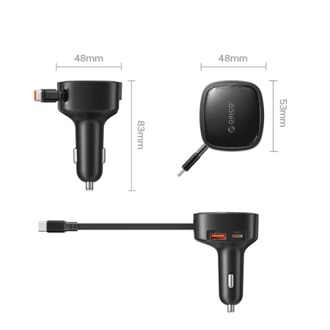 Ładowarka samochodowa Orico FC-66-1A2C 66W z wbudowanym zwijanym kablem USB-C - czarna