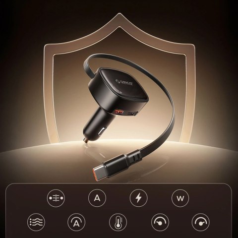 Ładowarka samochodowa Orico FC-66-1A2C 66W z wbudowanym zwijanym kablem USB-C - czarna