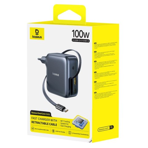 Ładowarka sieciowa Baseus EnerCore CJ11 100W z portami USB-A oraz USB-C i ze zwijanym kablem USB-C - czarna