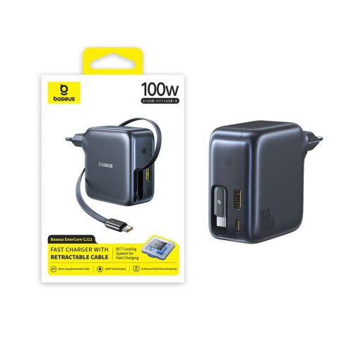 Ładowarka sieciowa Baseus EnerCore CJ11 100W z portami USB-A oraz USB-C i ze zwijanym kablem USB-C - czarna