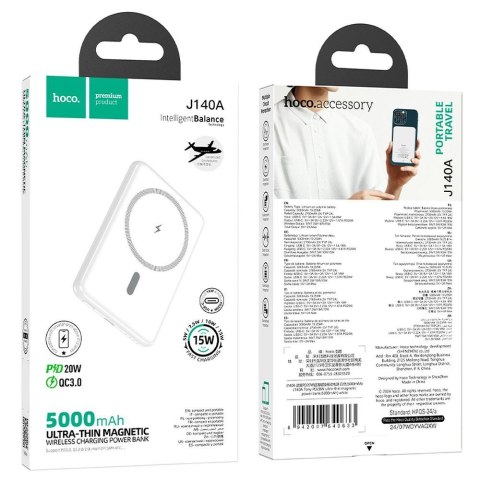 Powerbank zgodny z MagSafe Hoco 5000 mAh QC PD 2A 20W ultra-cienki J140A biały