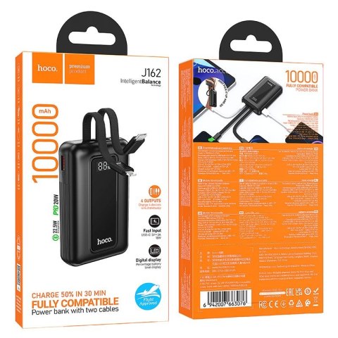 Powerbank 10000 mAh QC PD 22,5W z wbudowanymi kablami USB C + Lightning Hoco J162 czarny