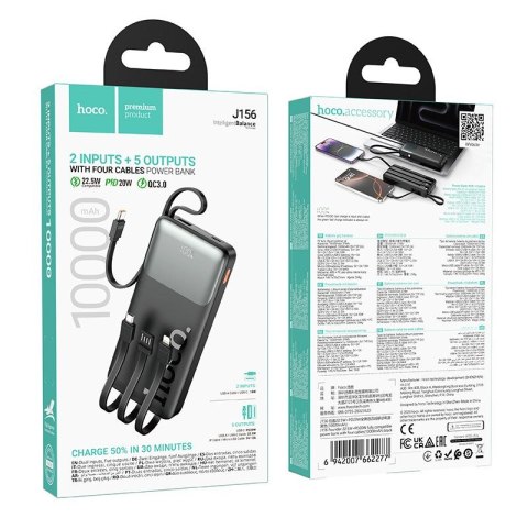Powerbank 10000 mAh QC PD 2A 22,5W z wbudowanymi kablami USB A + USB C + Lightning + Micro USB Hoco J156 czarny