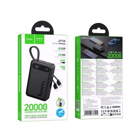 Powerbank 10000 mAh QC PD 2A 22,5W z wbudowanymi kablami USB C + Lightning Hoco J171 Edge czarny