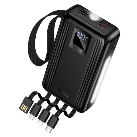 Powerbank 20000 mAh QC PD 22,5W z wbudowanymi kablami USB A + USB C + Lightning + Micro USB oraz dwoma latarkami Hoco J173 czarn