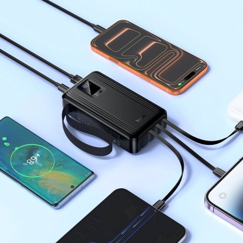 Powerbank 20000 mAh QC PD 22,5W z wbudowanymi kablami USB A + USB C + Lightning + Micro USB oraz dwoma latarkami Hoco J173 czarn