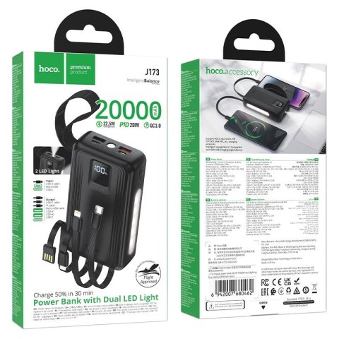 Powerbank 20000 mAh QC PD 22,5W z wbudowanymi kablami USB A + USB C + Lightning + Micro USB oraz dwoma latarkami Hoco J173 czarn