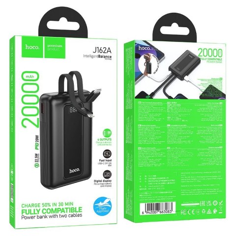Powerbank 20000 mAh QC PD 22,5W z wbudowanymi kablami USB C + Lightning Hoco J162A czarny