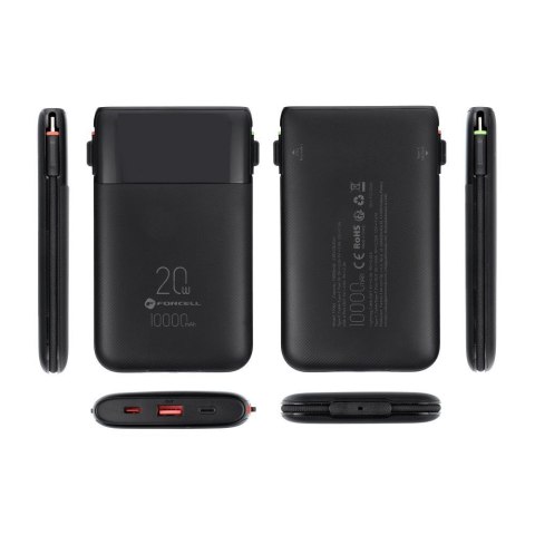 Powerbank Forcell F-Energy Multicharge F10K6 QC PD3.0 3A 22,5W 10000 mAh z wbudowanymi kablami USB C i Lightning czarny