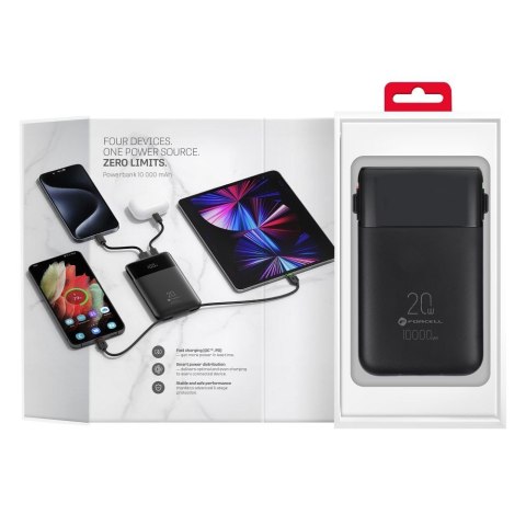 Powerbank Forcell F-Energy Multicharge F10K6 QC PD3.0 3A 22,5W 10000 mAh z wbudowanymi kablami USB C i Lightning czarny