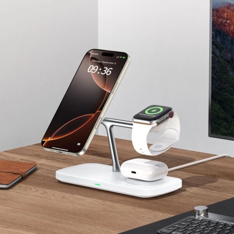 Ładowarka bezprzewodowa Tech-Protect QI15W-A45 3w1 z MagSafe do urządzeń Apple - biała