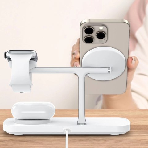 Ładowarka bezprzewodowa Tech-Protect QI15W-A45 3w1 z MagSafe do urządzeń Apple - biała