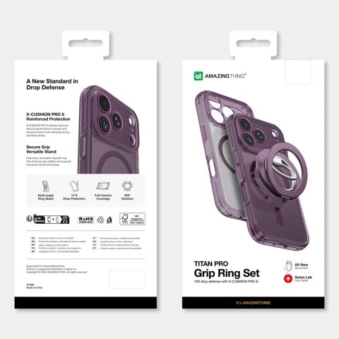 Etui AMAZINGTHING Titan Pro Lens Ring Set na iPhone 18 Pro z osłoną aparatu i ringiem magnetycznym kompatybilne z MagSafe - fiol