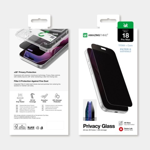 Szkło prywatyzujące AMAZINGTHING Titan +Care Privacy Glass na iPhone 18 Pro Max z ramką montażową