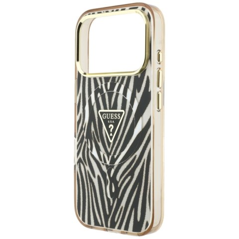 Etui Guess IML Zebra Glitter Triangle Logo MagSafe do iPhone 18 Pro / 17 Pro złoty