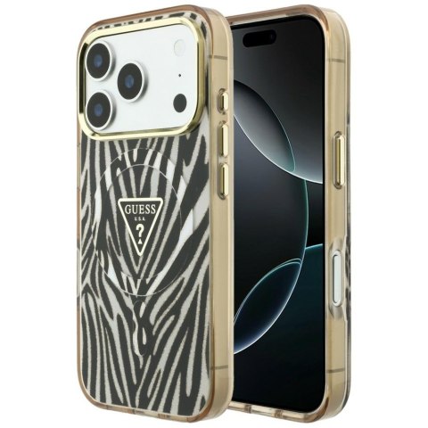 Etui Guess IML Zebra Glitter Triangle Logo MagSafe do iPhone 18 Pro Max / 17 Pro Max złoty