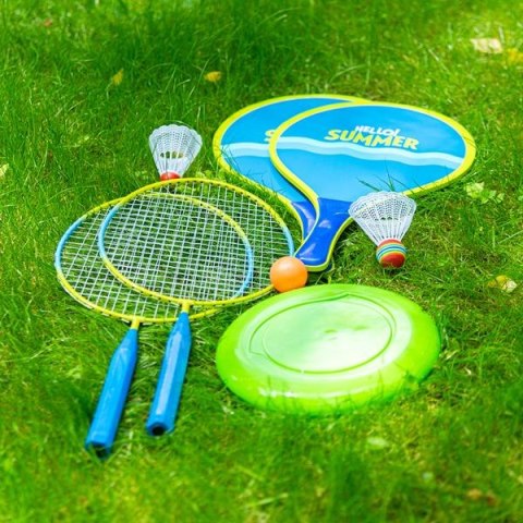 NRZ053 3W1 / ZESTAW DO BADMINTONA 2 RAKIETY + 2 RAKIETY NA PLAŻĘ + LOTKI + FRIZBI JUNIOR NILS