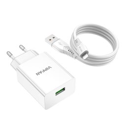 Ładowarka sieciowa VFAN E03, 1x USB, 18W, QC 3.0 + kabel Lightning (biała)