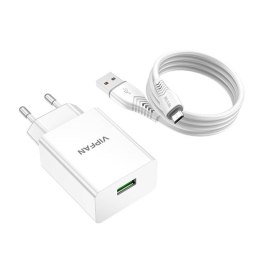 Ładowarka sieciowa VFAN E03, 1x USB, 18W, QC 3.0 + kabel Micro USB (biała)