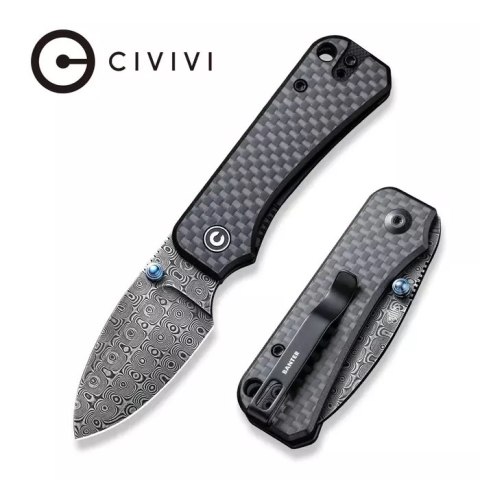 Nóż składany Civivi Baby Banter Twill Carbon Fiber overlay on Black G10, Black Hand Rubbed Damascus by Ben Petersen (C19068S-DS1
