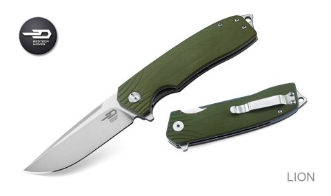 Nóż składany Bestech Lion Army Green G10, Stonewashed/Satin D2 (BG01B)