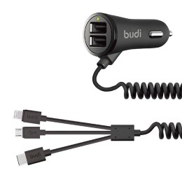 Ładowarka samochodowa 2x USB Budi 068T3, 3.4A + kabel 3w1 USB do USB-C / Lightning / Micro USB (czarny)