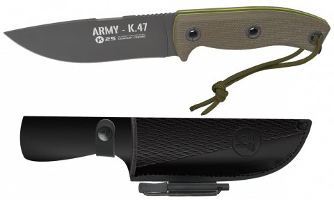 K25 ARMY K47 Nóż Taktyczny 13 cm, Mikarta, Powłoka Tytanowa, Pochwa z Krzesiwem