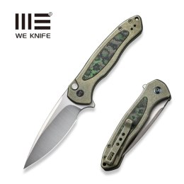 Nóż składany WE Knife Button Lock Kitefin LE No 110/157 Green Titanium/Jungle Wear Fat Carbon, Hand Polished Satin CPM 20CV (WE1