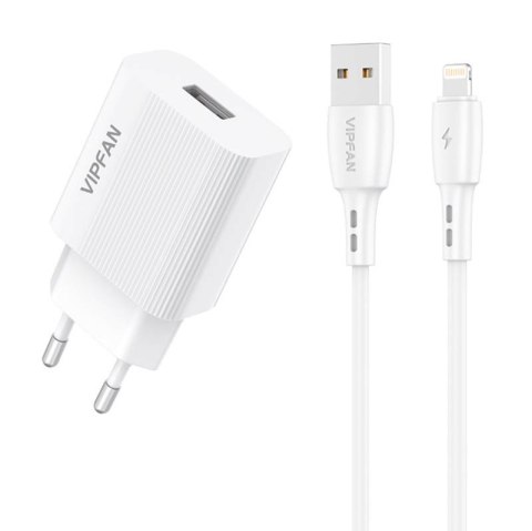 Ładowarka sieciowa VFAN E01, 1x USB, 2.4A + kabel Lightning (biała)