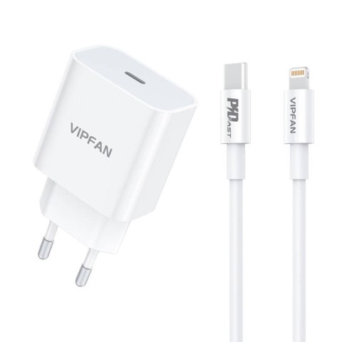 Ładowarka sieciowa VFAN E04, USB-C, 20W, QC 3.0 + kabel Lightning (biała)